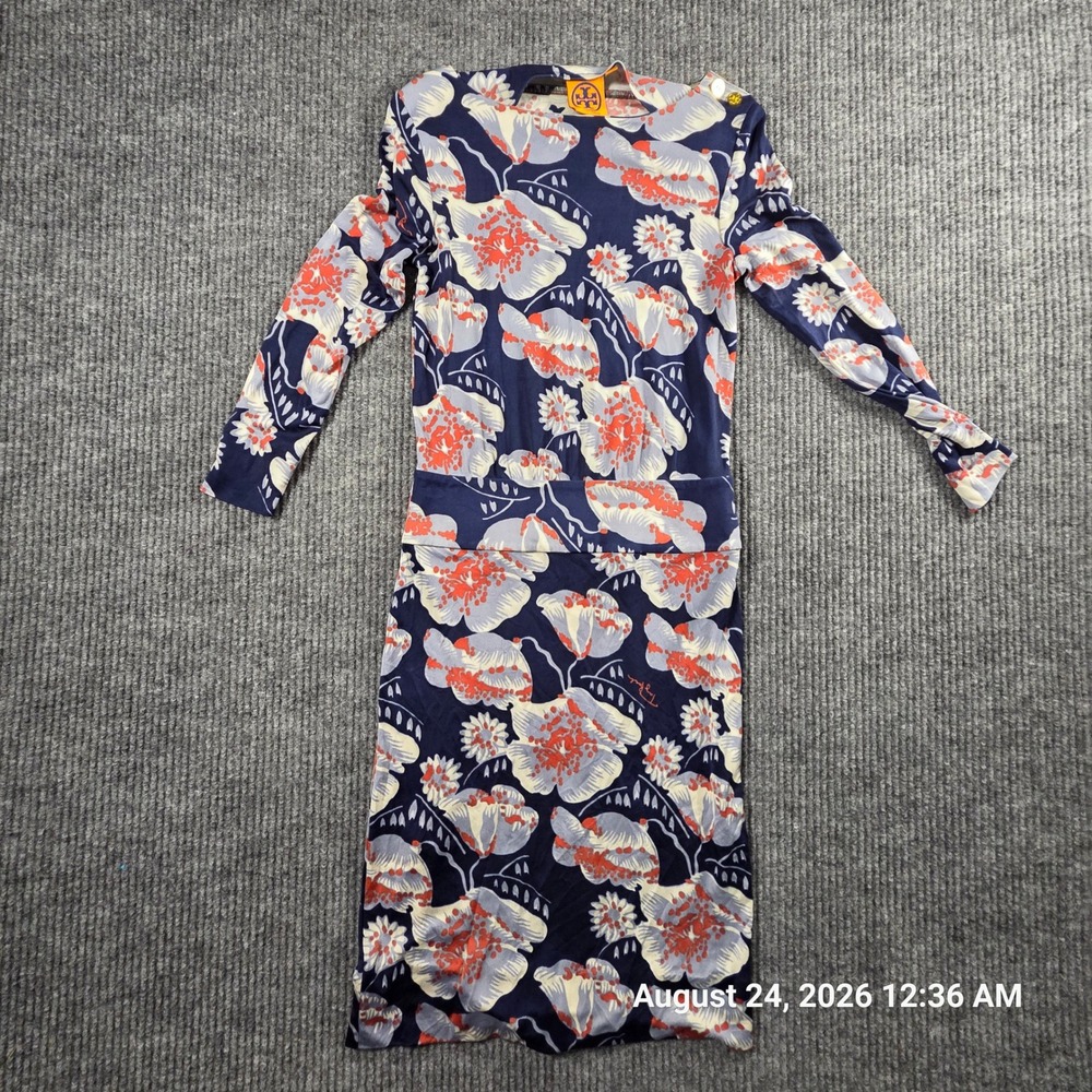 Tory Burch Floral Long Sleeve Drop Waist Jersey Dress Navy Orange XS